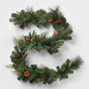 Unlit Mixed Greenery w/ Pinecones & Red Berries Artificial 6’ Garland